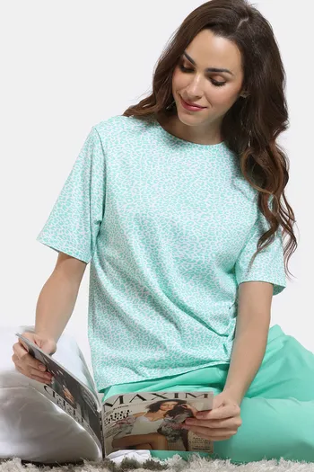 Buy Zivame Hide N Seek Knit Cotton Pyjama Set - Ice Green